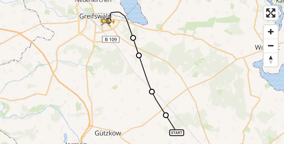 Routekaart van de vlucht: Rettungshubschrauber nach Greifswald Hospital