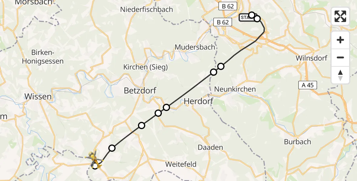 Flugroute Rettungshubschrauber Evangelisches Jung-Stilling Hospital - Steinebach/Sieg, 01 April 2026, 14:18