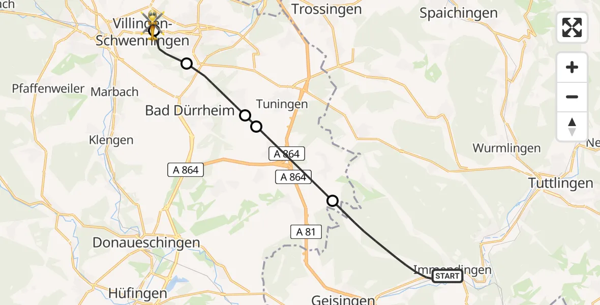 Routekaart van de vlucht: Rettungshubschrauber nach DRF Air Rescue Station Villingen-Schwenningen Hubschrauberlandeplatz (Christoph 11)