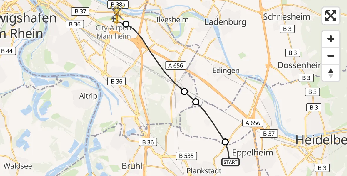 Routekaart van de vlucht: Rettungshubschrauber nach Mannheim-City Flughafen