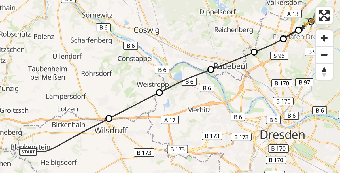Routekaart van de vlucht: Rettungshubschrauber nach Dresden Bundespolizei Hubschrauberlandeplatz