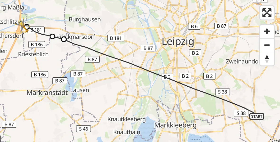 Flugroute Rettungshubschrauber Leipzig - ADAC Air Rescue Station Leipzig/Schkeuditz-Dölzig Hubschrauberlandeplatz (Christoph 61), 01 April 2026, 14:42