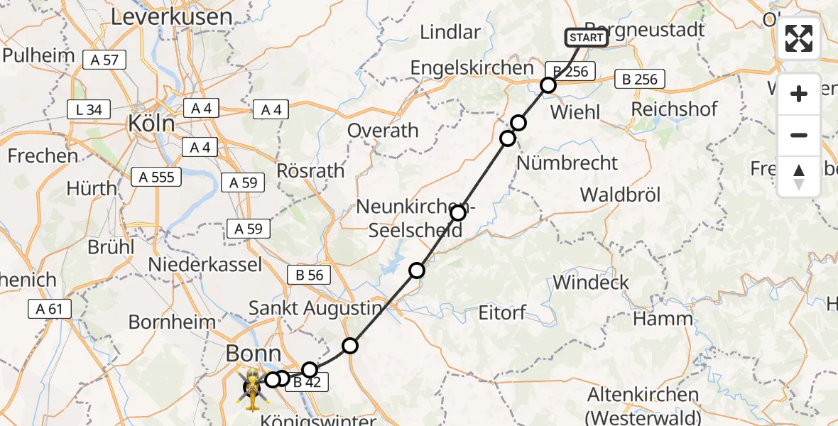 Routekaart van de vlucht: Ambulanzhubschrauber nach Bonn University Hospital