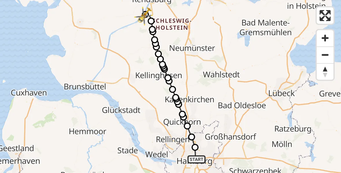 Routekaart van de vlucht: Rettungshubschrauber nach Schülp b.Rendsburg, Am Rüsterbergen