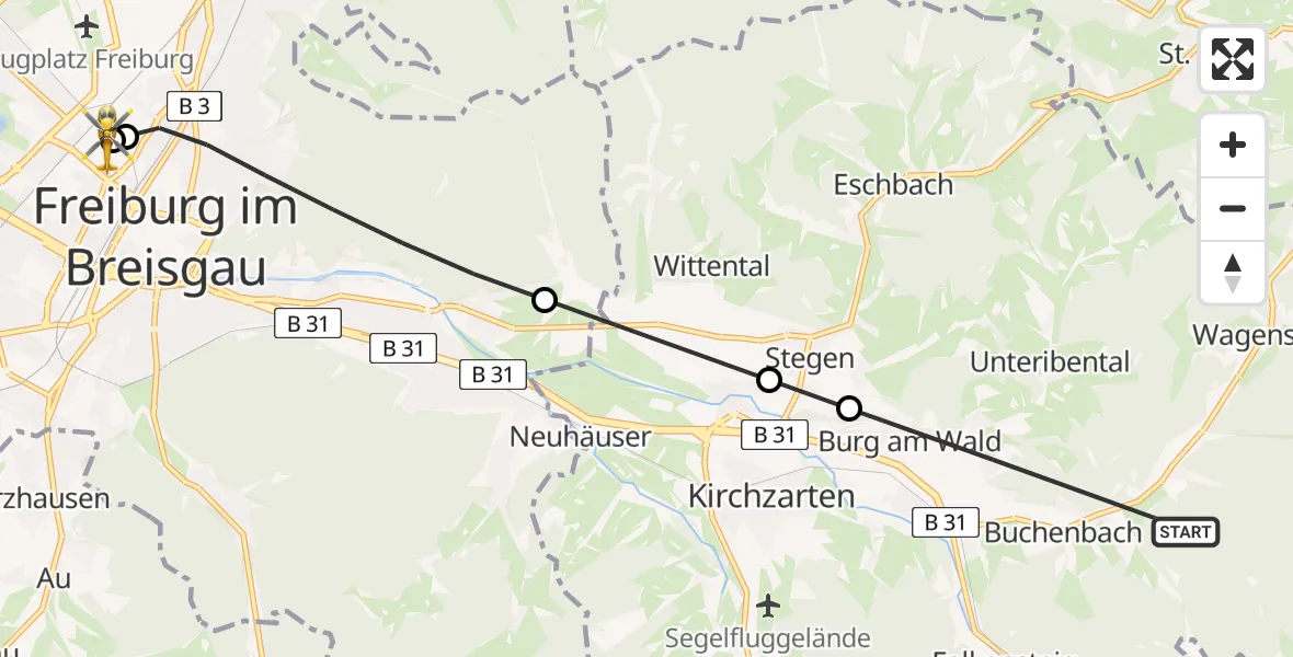 Routekaart van de vlucht: Rettungshubschrauber nach Freiburg University Hospital Heliport 1