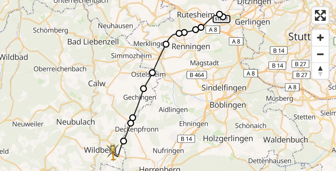 Flugroute Rettungshubschrauber Leonberg Hospital - Wildberg, 01 April 2026, 14:55
