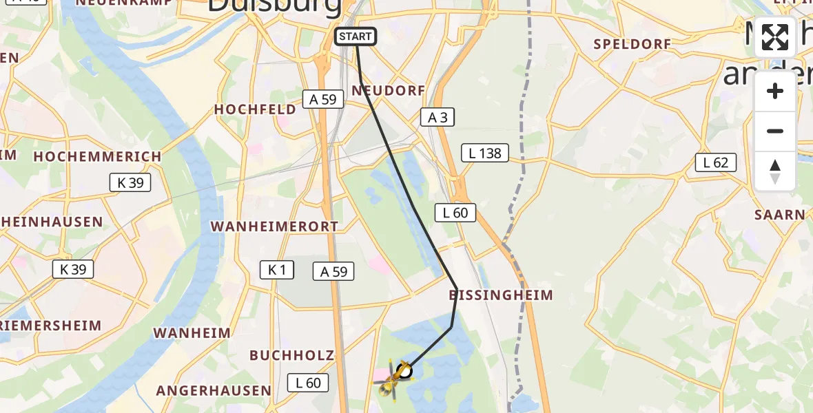 Flugroute Rettungshubschrauber Duisburg - Duisburg Air Rescue Hubschrauberlandeplatz (Christoph 9), 01 April 2026, 14:57
