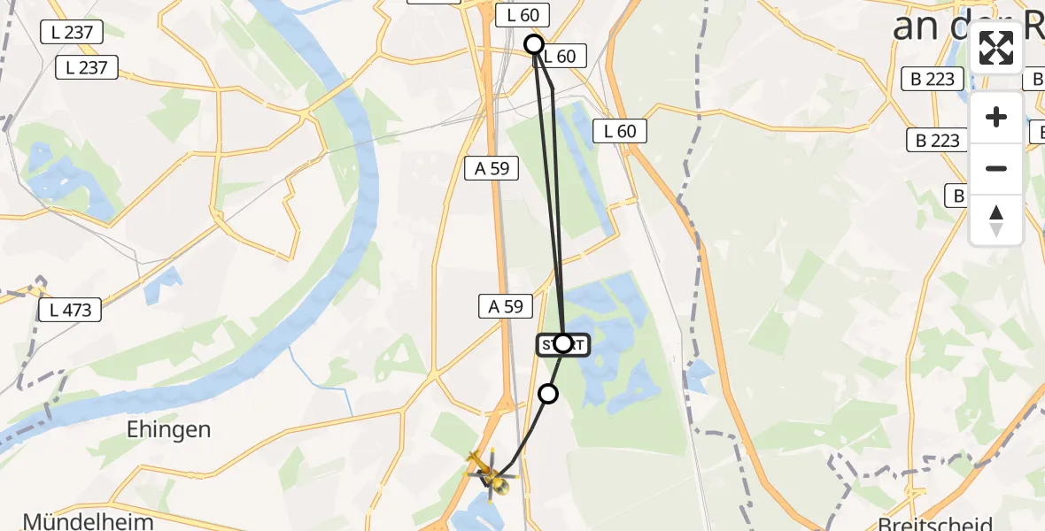 Flugroute Rettungshubschrauber Duisburg Air Rescue Hubschrauberlandeplatz (Christoph 9) - Duisburg, 01 April 2026, 15:00