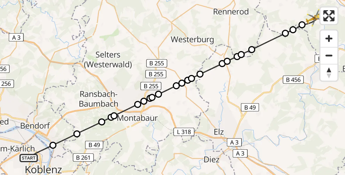 Flugroute Rettungshubschrauber Koblenz - Greifenstein, 01 April 2026, 15:24