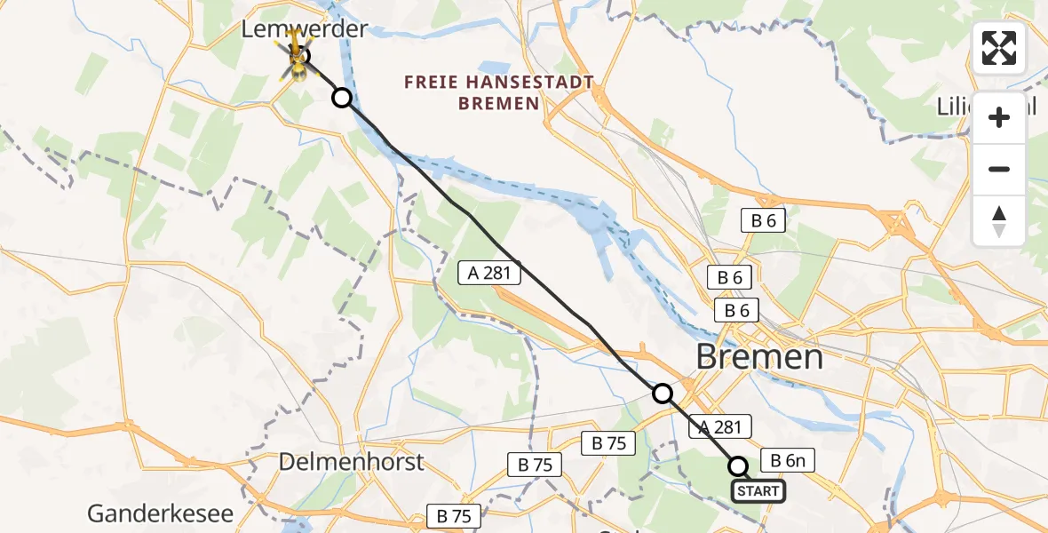 Routekaart van de vlucht: Rettungshubschrauber nach Lemwerder, Hansering