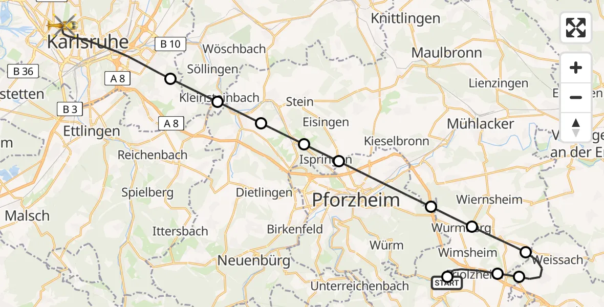 Routekaart van de vlucht: Rettungshubschrauber nach Karlsruhe, Friedrich-Blos-Straße