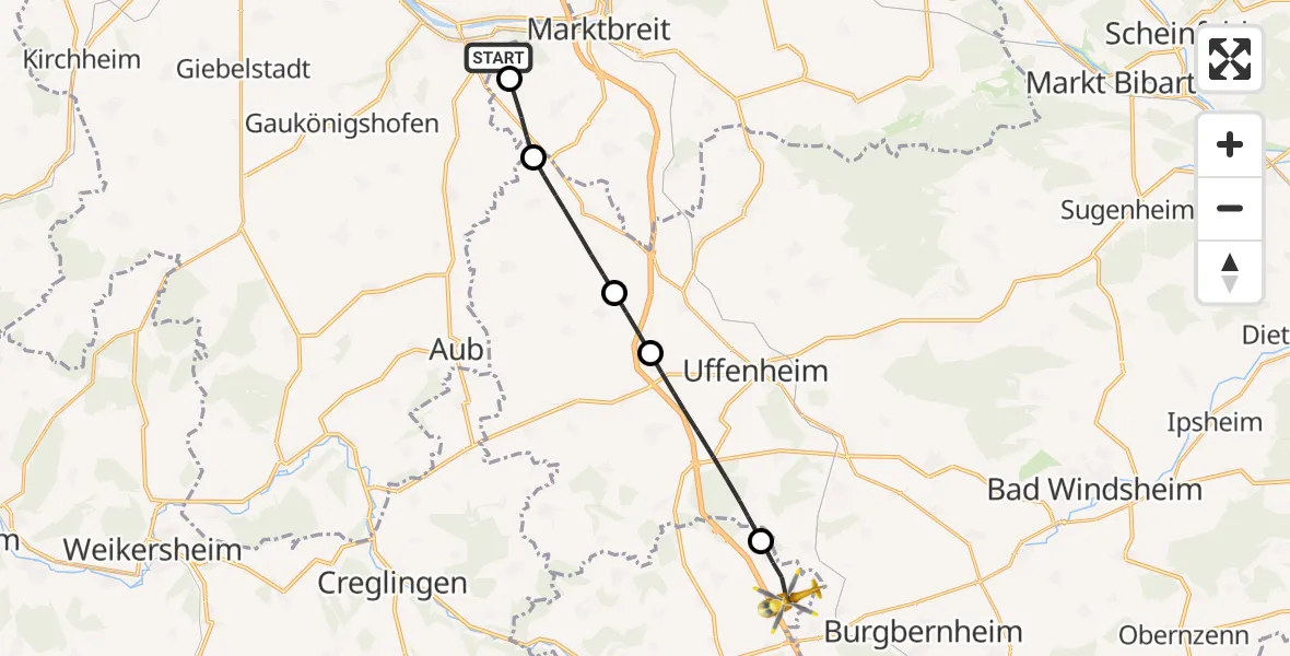 Flugroute Rettungshubschrauber Ochsenfurt Hospital - Ohrenbach, 01 April 2026, 15:41