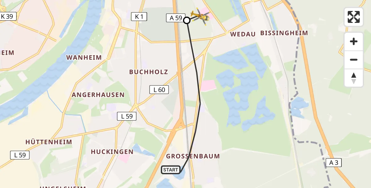 Flugroute Rettungshubschrauber Duisburg - Sana Clinic Duisburg Hubschrauberlandeplatz, 01 April 2026, 16:00