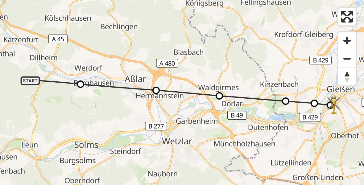 Flugroute Rettungshubschrauber Ehringshausen - Gießen University Hospital, 01 April 2026, 16:11