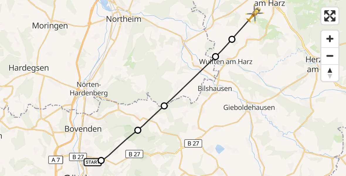 Flugroute Rettungshubschrauber Göttingen University Clinic Hubschrauberlandeplatz - Osterode am Harz, 01 April 2026, 16:11