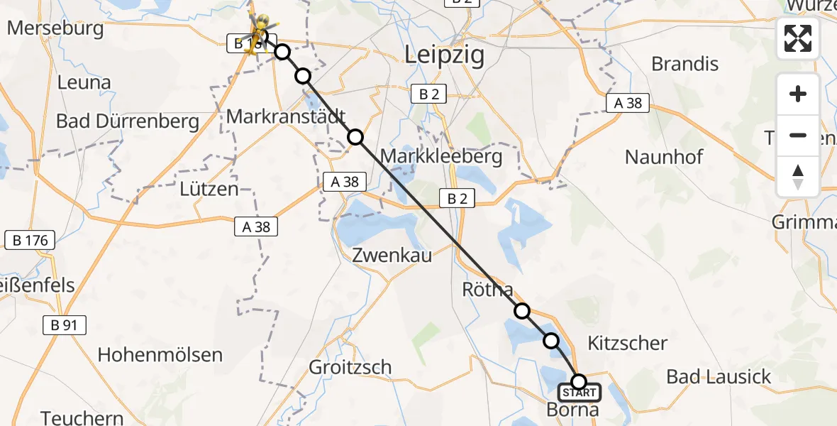 Routekaart van de vlucht: Rettungshubschrauber nach ADAC Air Rescue Station Leipzig/Schkeuditz-Dölzig Hubschrauberlandeplatz (Christoph 61)