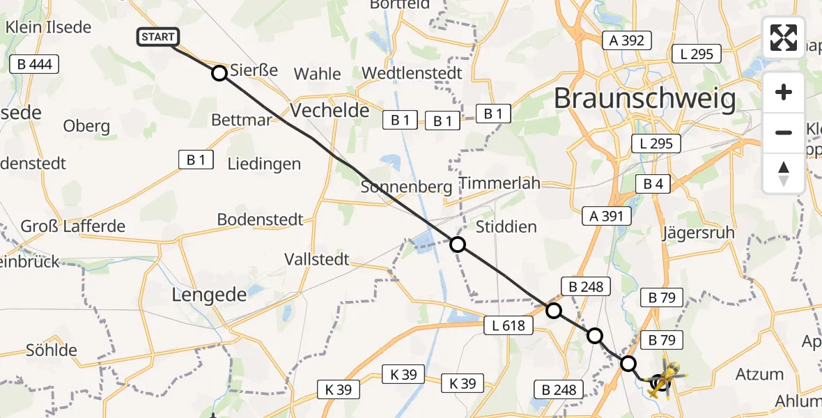 Routekaart van de vlucht: Rettungshubschrauber nach Wolfenbüttel Municipal Hospital Heliport (Christoph 30)