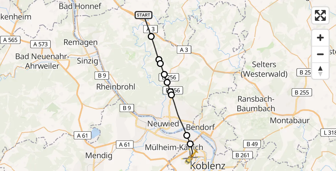 Routekaart van de vlucht: Rettungshubschrauber nach Koblenz, Rübenacher Straße