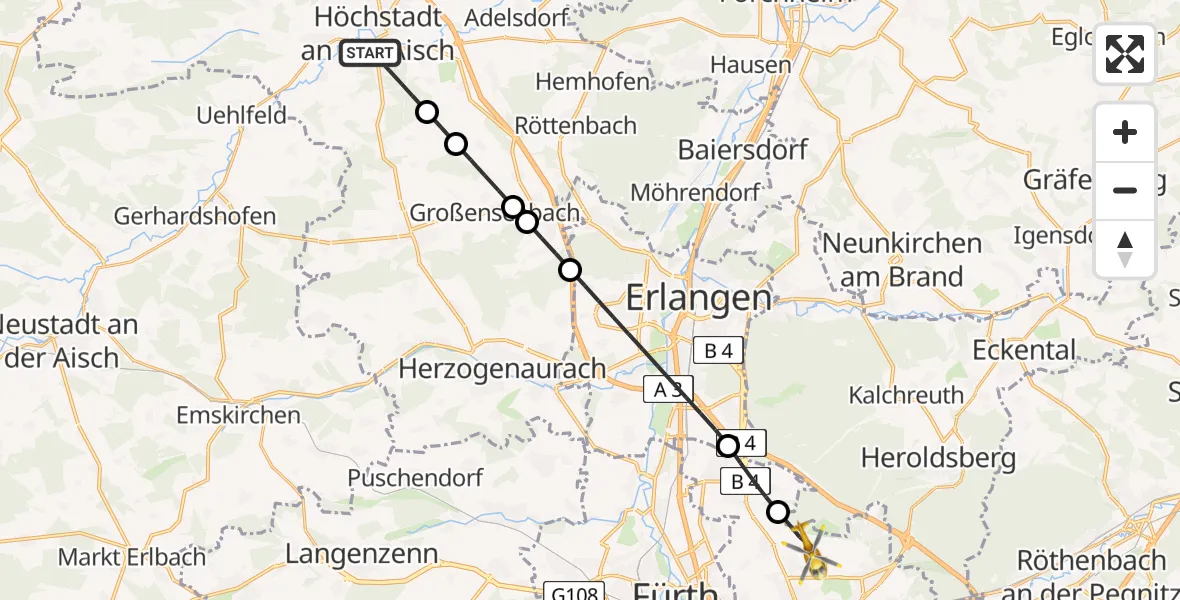 Routekaart van de vlucht: Rettungshubschrauber nach Flughafen Nuremberg