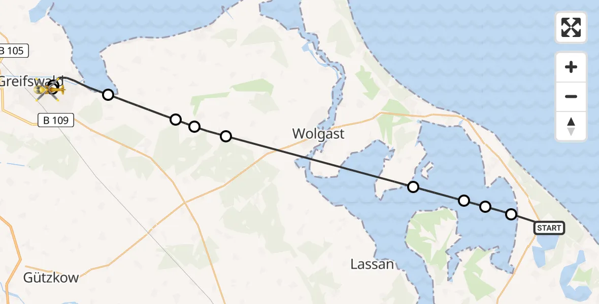 Routekaart van de vlucht: Rettungshubschrauber nach Greifswald Hospital