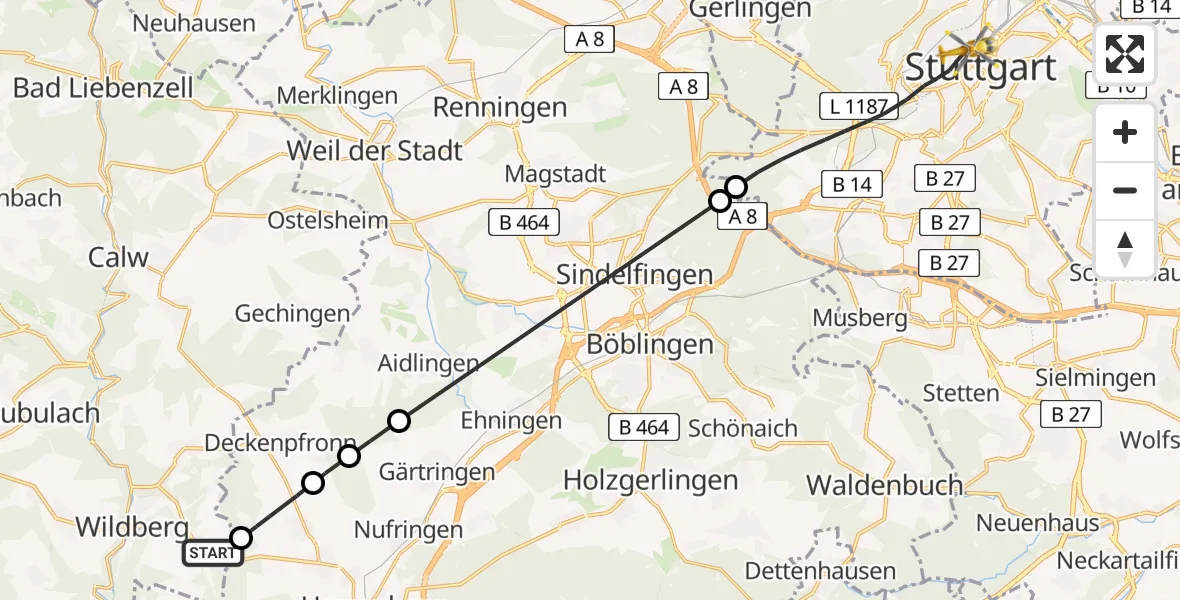 Routekaart van de vlucht: Rettungshubschrauber nach Stuttgart, Kriegsbergstraße