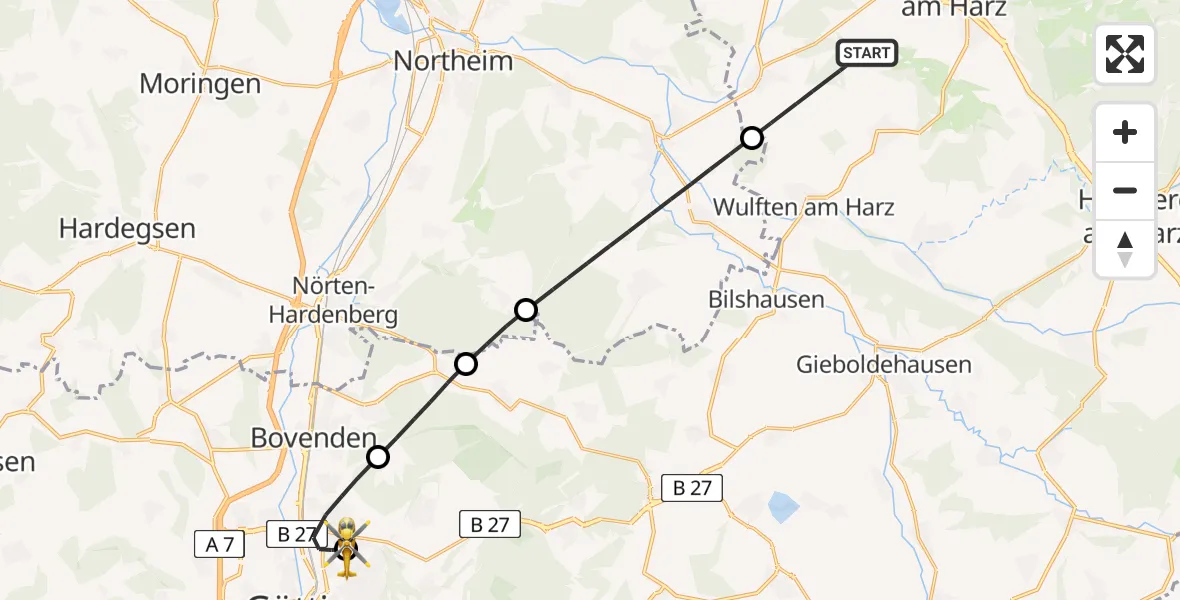Flugroute Rettungshubschrauber Osterode am Harz - Göttingen University Clinic Hubschrauberlandeplatz, 01 April 2026, 16:44