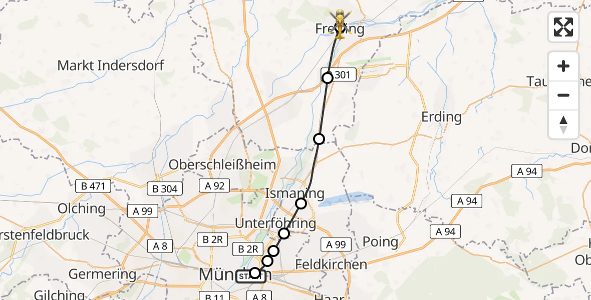 Flugroute Rettungshubschrauber Rechts der Isar University Hospital - Freising Clinic Hubschrauberlandeplatz, 01 April 2026, 16:48