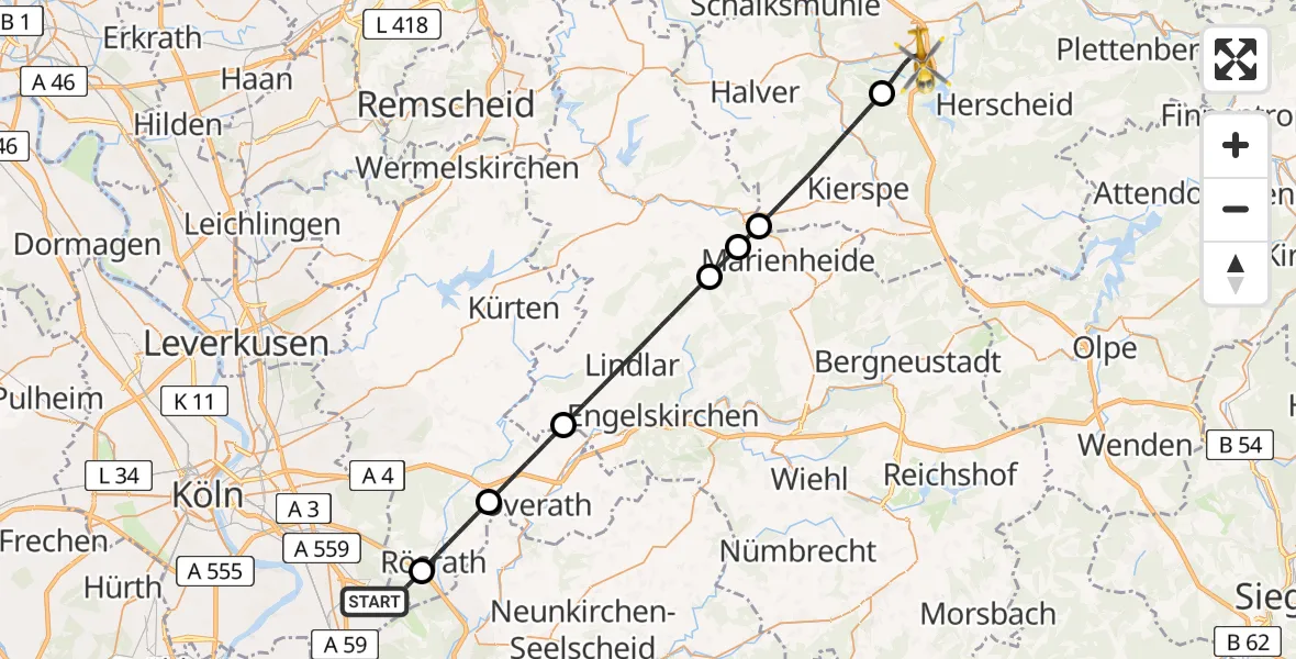 Flugroute Ambulanzhubschrauber Köln Bonn Flughafen - Lüdenscheid, 01 April 2026, 16:51