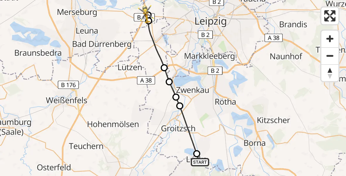 Routekaart van de vlucht: Rettungshubschrauber nach ADAC Air Rescue Station Leipzig/Schkeuditz-Dölzig Hubschrauberlandeplatz (Christoph 61)