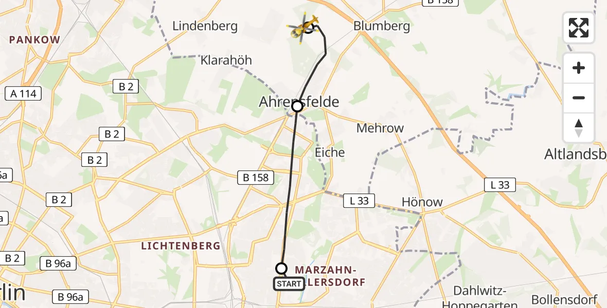 Flugroute Rettungshubschrauber Berlin Emergency Hospital - Ahrensfelde Hubschrauberlandeplatz, 01 April 2026, 17:09