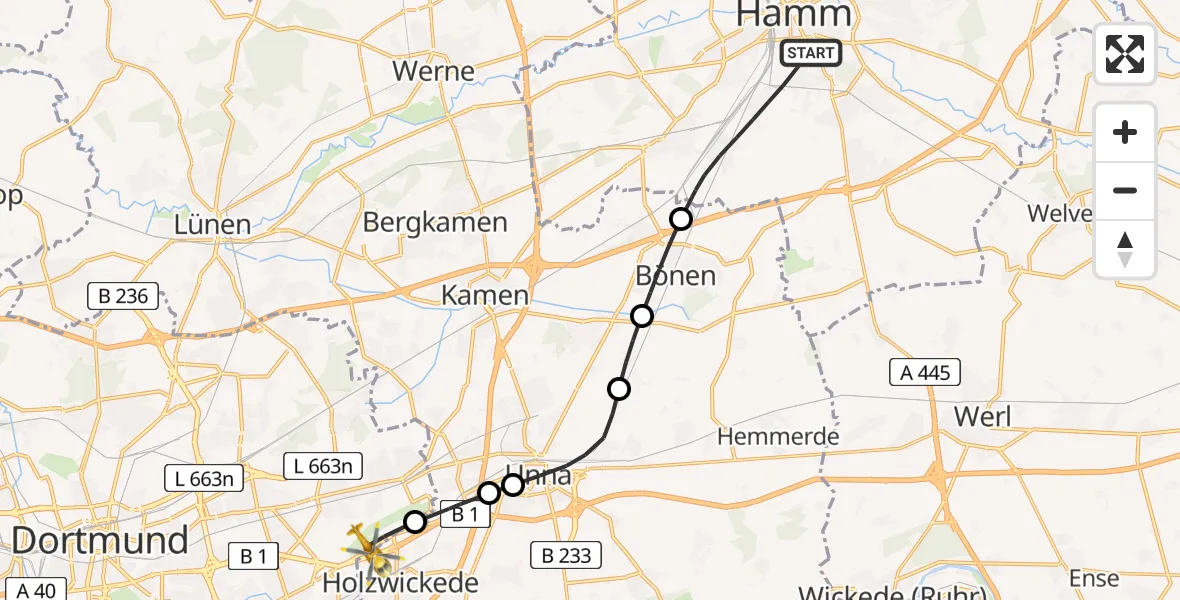 Flugroute Rettungshubschrauber Hamm - Dortmund Flughafen, 01 April 2026, 17:14