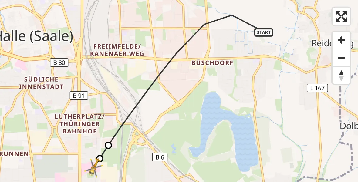 Flugroute Ambulanzhubschrauber Halle (Saale) - BG Hospital Bergmannstrost Halle, 01 April 2026, 17:16