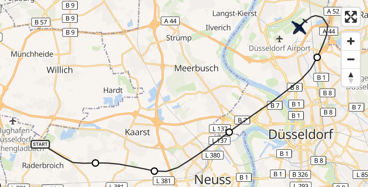 Flugroute Polizeiflugzeug Korschenbroich - Düsseldorf Flughafen, 01 April 2026, 17:48