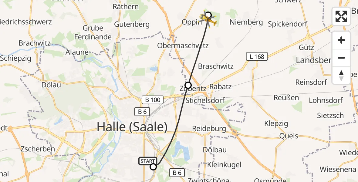 Routekaart van de vlucht: Ambulanzhubschrauber nach Halle-Oppin Flugplatz