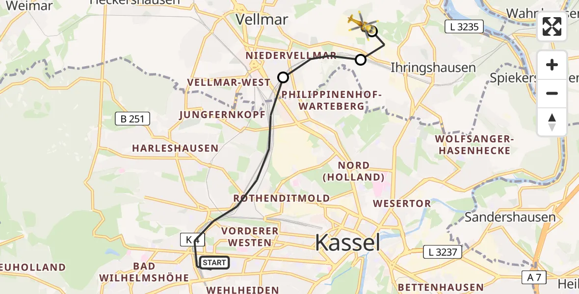 Routekaart van de vlucht: Rettungshubschrauber nach Fuldatal Bundespolizei Hubschrauberlandeplatz
