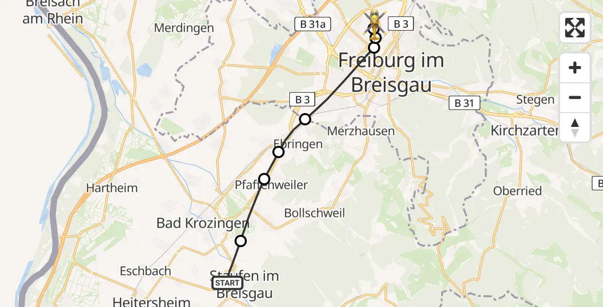 Routekaart van de vlucht: Rettungshubschrauber nach Freiburg im Breisgau Flugplatz