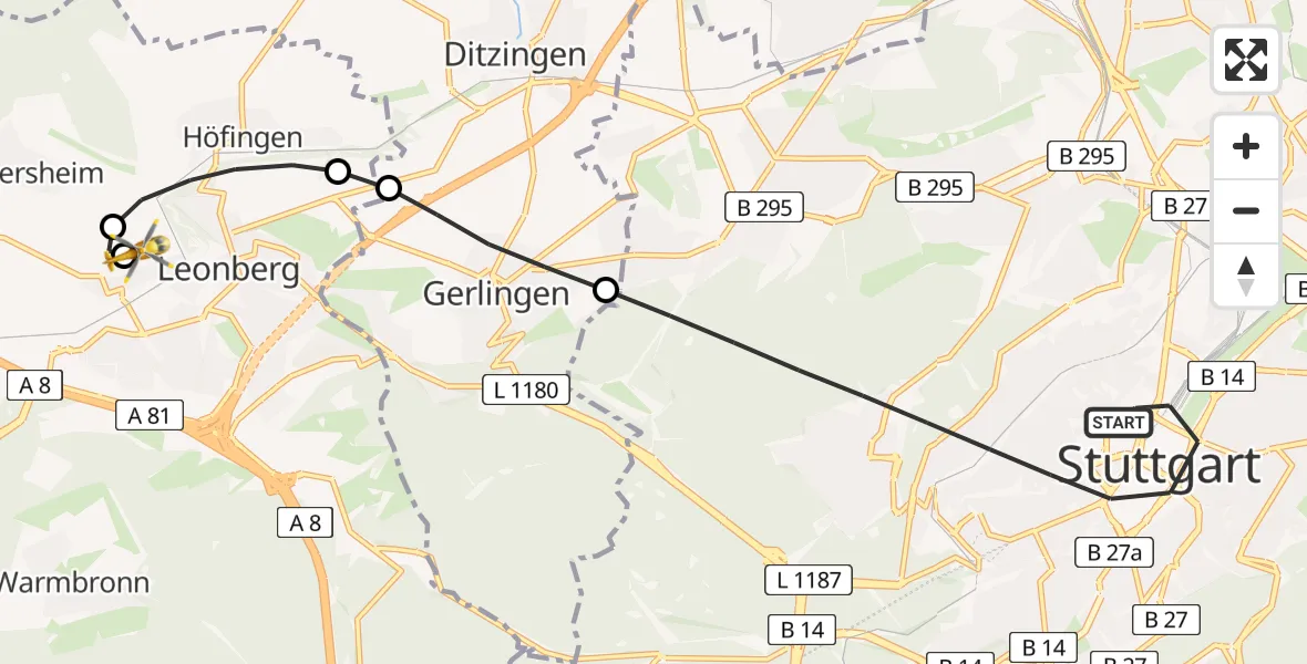 Routekaart van de vlucht: Rettungshubschrauber nach Leonberg Hospital