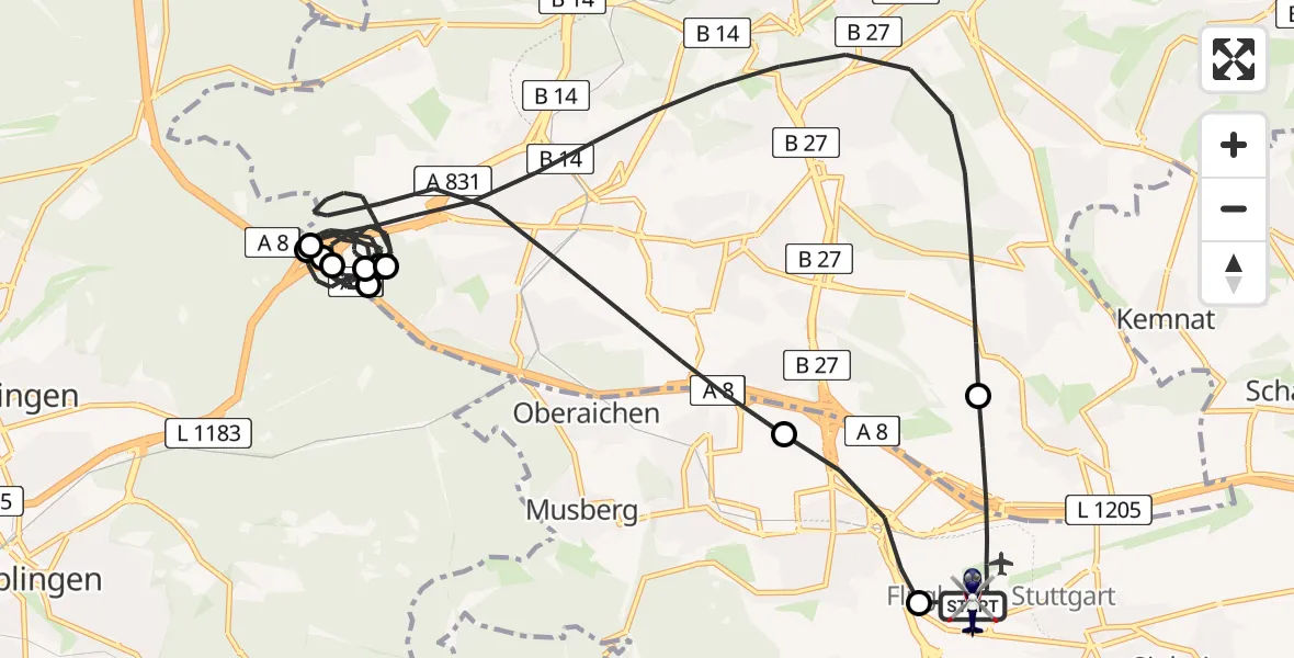 Flugroute Polizeihubschrauber Flughafen Stuttgart - Flughafen Stuttgart, 01 April 2026, 18:49