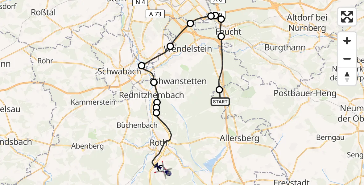 Routekaart van de vlucht: Polizeihubschrauber nach Flugplatz Roth