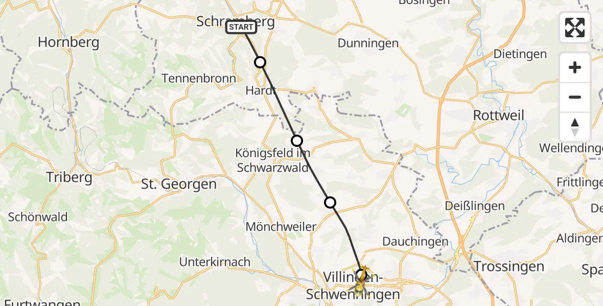 Routekaart van de vlucht: Rettungshubschrauber nach DRF Air Rescue Station Villingen-Schwenningen Hubschrauberlandeplatz (Christoph 11)