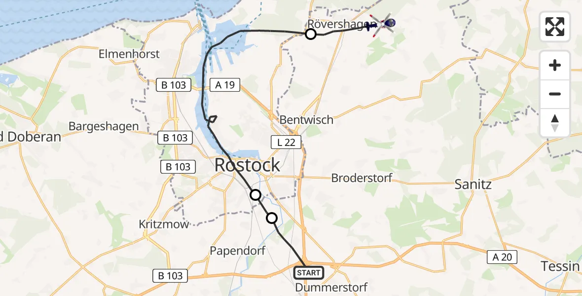 Routekaart van de vlucht: Polizeihubschrauber nach Rövershagen, K 17