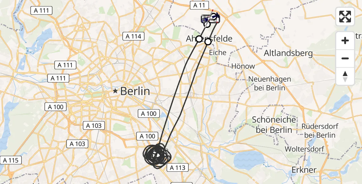 Flugroute Polizeihubschrauber Ahrensfelde Hubschrauberlandeplatz - Ahrensfelde Hubschrauberlandeplatz, 01 April 2026, 21:22