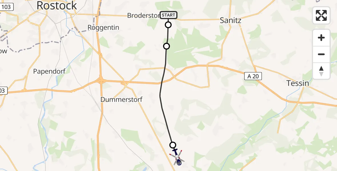 Routekaart van de vlucht: Polizeihubschrauber nach Wardow