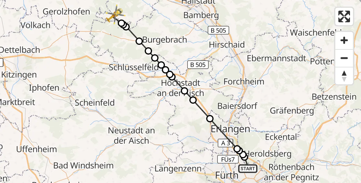 Flugroute Ambulanzhubschrauber Flughafen Nuremberg - Rauhenebrach, 01 April 2026, 21:40