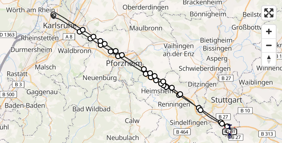 Flugroute Polizeihubschrauber Flughafen Stuttgart - Flughafen Stuttgart, 01 April 2026, 21:41