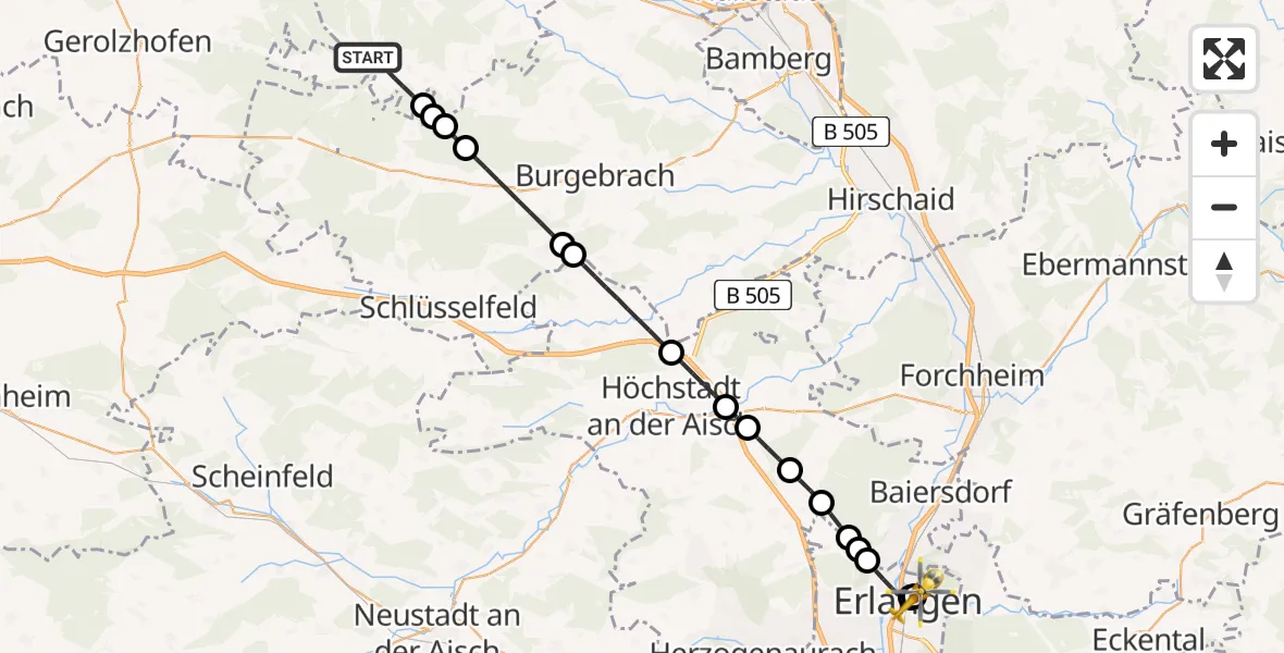 Routekaart van de vlucht: Ambulanzhubschrauber nach Erlangen University Hospital Rooftop