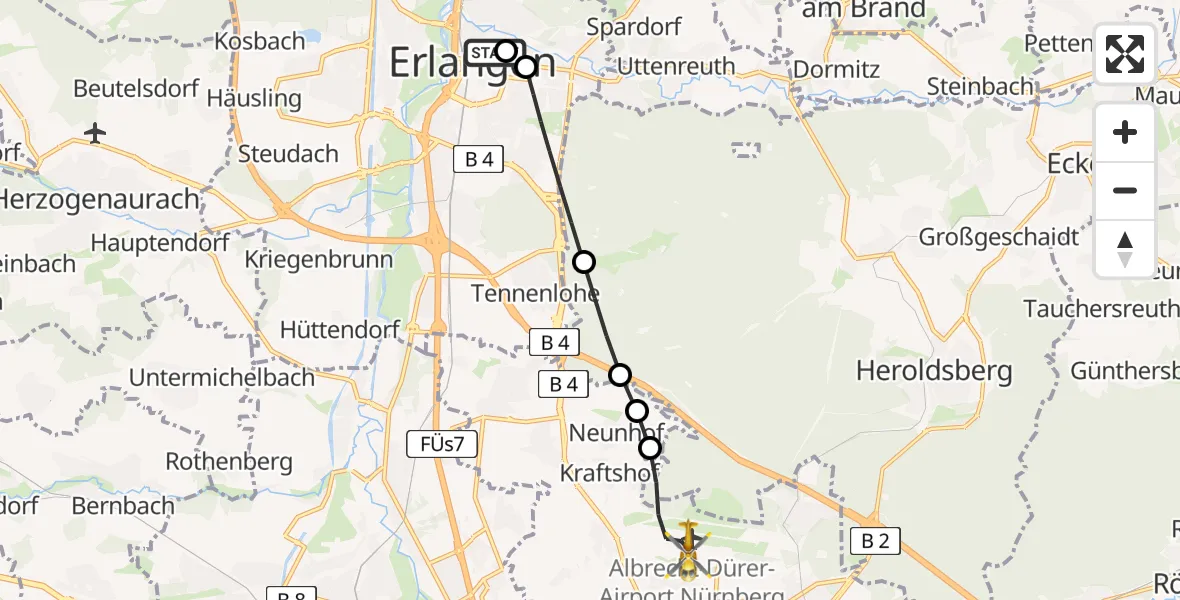 Routekaart van de vlucht: Ambulanzhubschrauber nach Flughafen Nuremberg