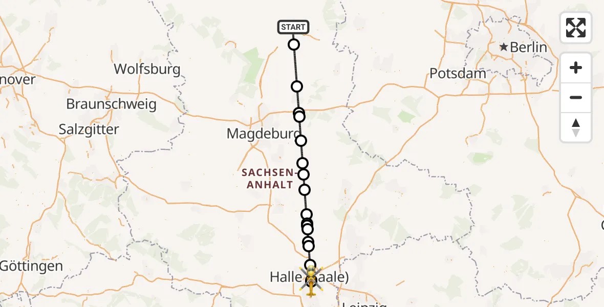 Flugroute Ambulanzhubschrauber Stendal - BG Hospital Bergmannstrost Halle, 02 April 2026, 01:43
