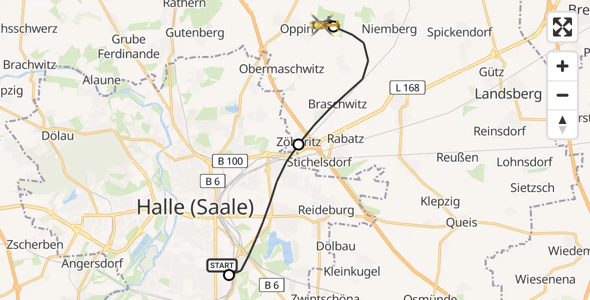 Routekaart van de vlucht: Ambulanzhubschrauber nach Halle-Oppin Flugplatz