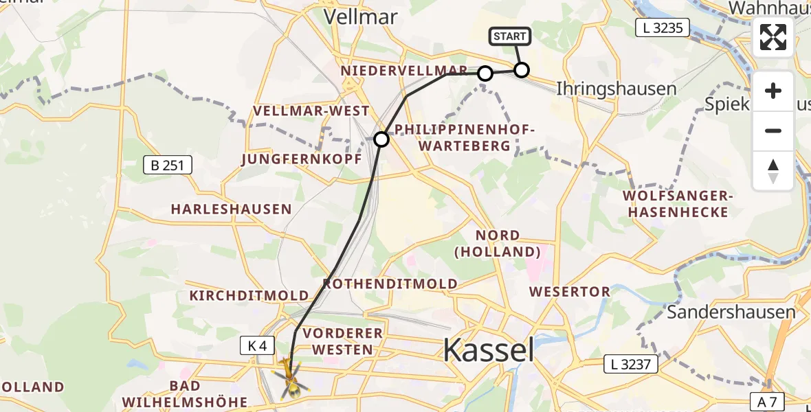 Flugroute Rettungshubschrauber Fuldatal Bundespolizei Hubschrauberlandeplatz - Kassel, 02 April 2026, 05:05